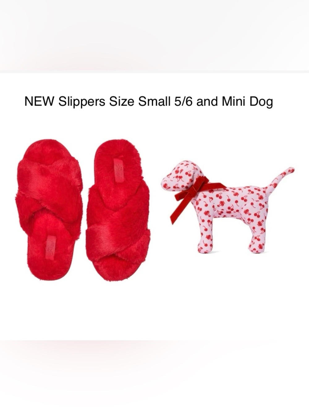 PINK Victoria's Secret Red Plush Cross-Band Slippers with Mini Dog